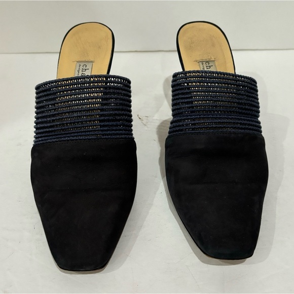 CHARLES DAVID Women’s Vintage Knit Navy & Tan Slip On Mules Heels Shoes - size 7 - Picture 2 of 5
